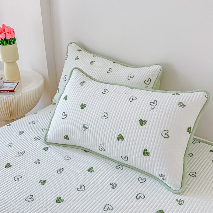 橘夏家纺 2025热卖款韩国ins风小清新针织棉双层纱印花枕套单品枕套 心相印-绿色