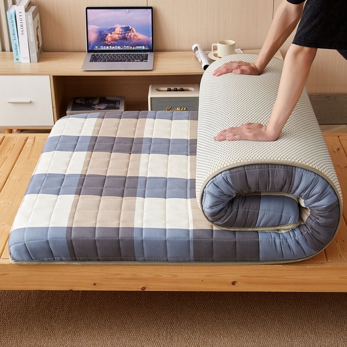 91家纺网 家纺一手货源 找家纺 暖季2025新款A类无印风学生款 棉花床垫 蓝大格