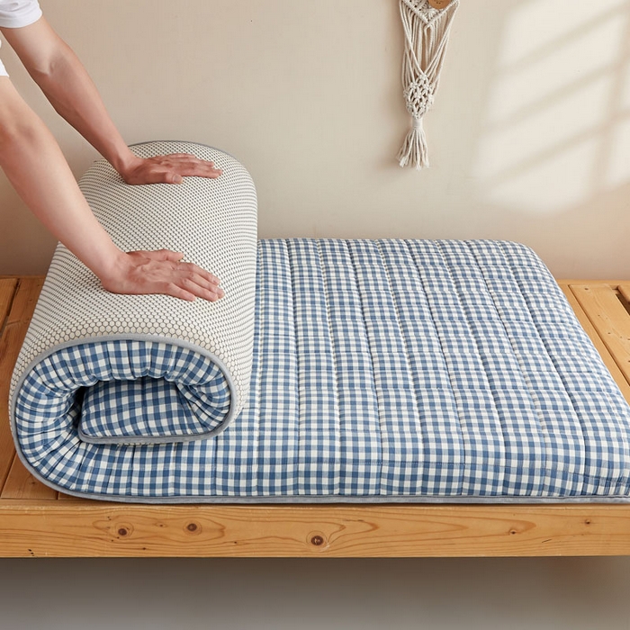 91家纺网 家纺一手货源 找家纺 暖季2025新款A类无印风学生款 棉花床垫 蓝小格