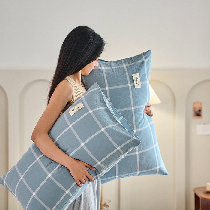 恋人优选2025新款纯棉色织水洗贴标枕套 海蓝格