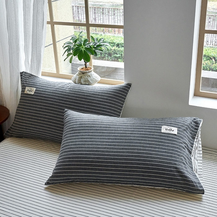 恋人优选2025新款纯棉色织水洗贴标枕套 灰白细条双拼
