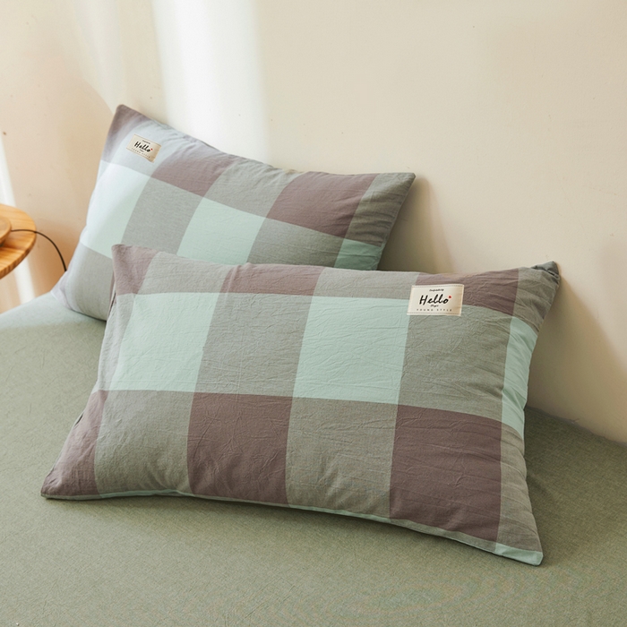 恋人优选2025新款纯棉色织水洗贴标枕套 绿灰大格