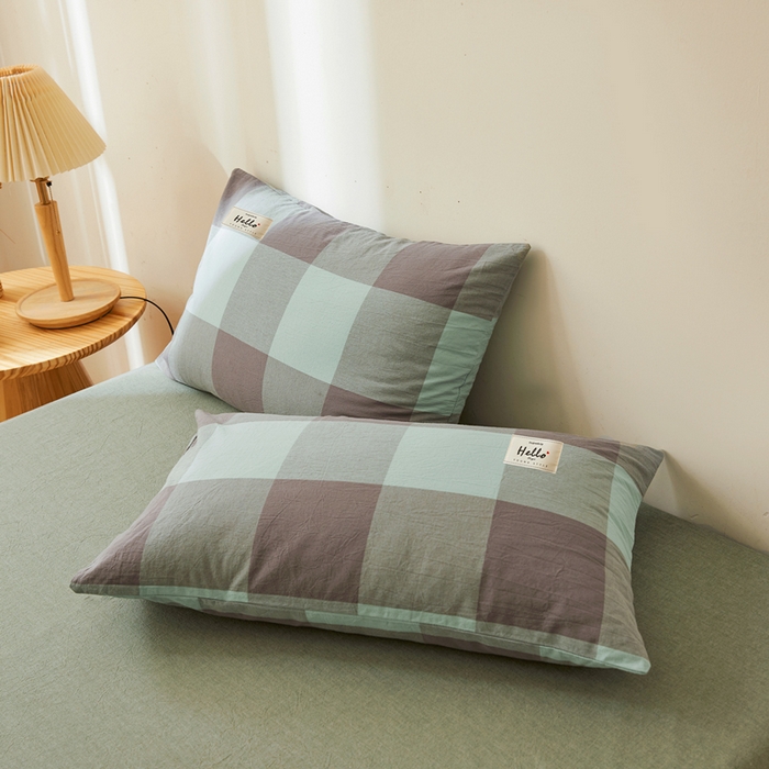 91家纺网 家纺一手货源 找家纺 恋人优选2025新款纯棉色织水洗贴标枕套 绿灰大格