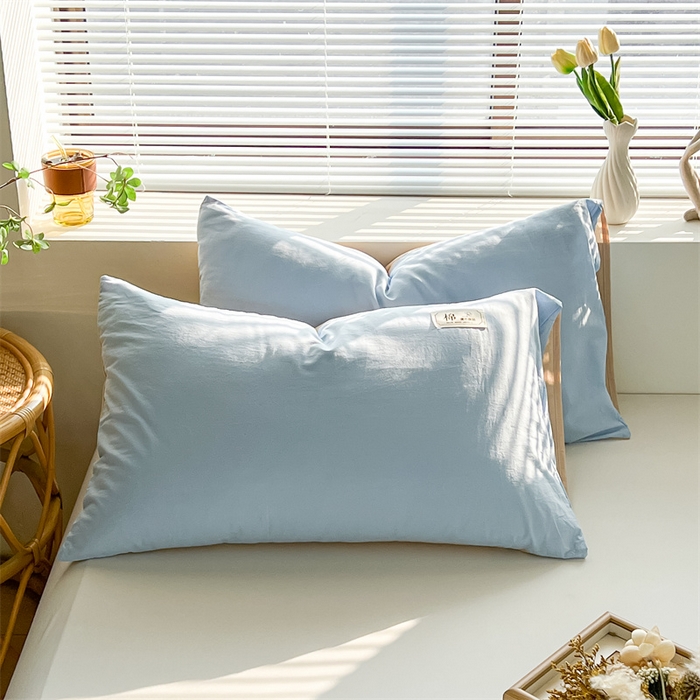 91家纺网 家纺一手货源 找家纺 恋人优选2025新款纯棉色织水洗贴标枕套 浅蓝-米