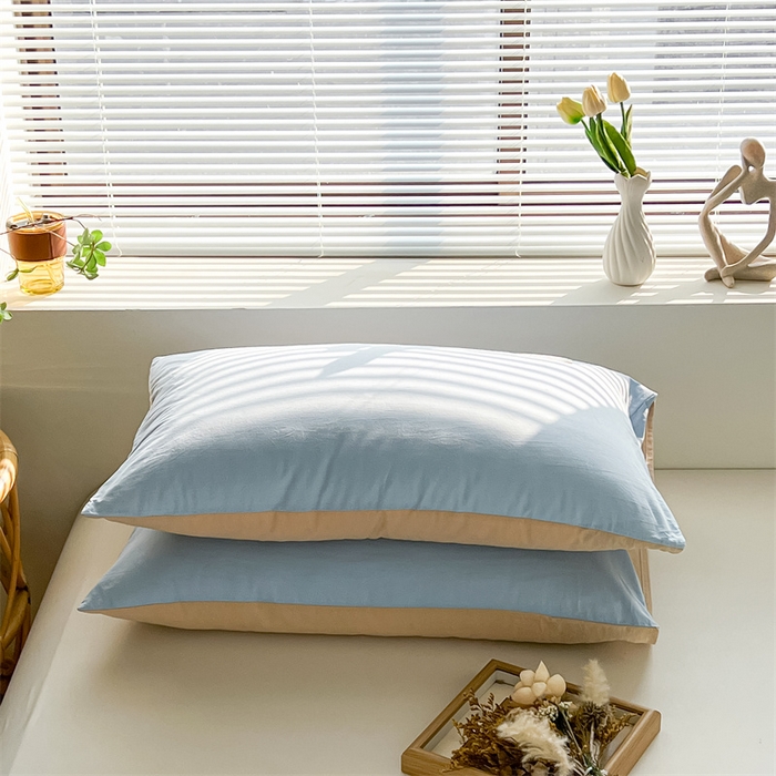 91家纺网 家纺一手货源 找家纺 恋人优选2025新款纯棉色织水洗贴标枕套 浅蓝-米