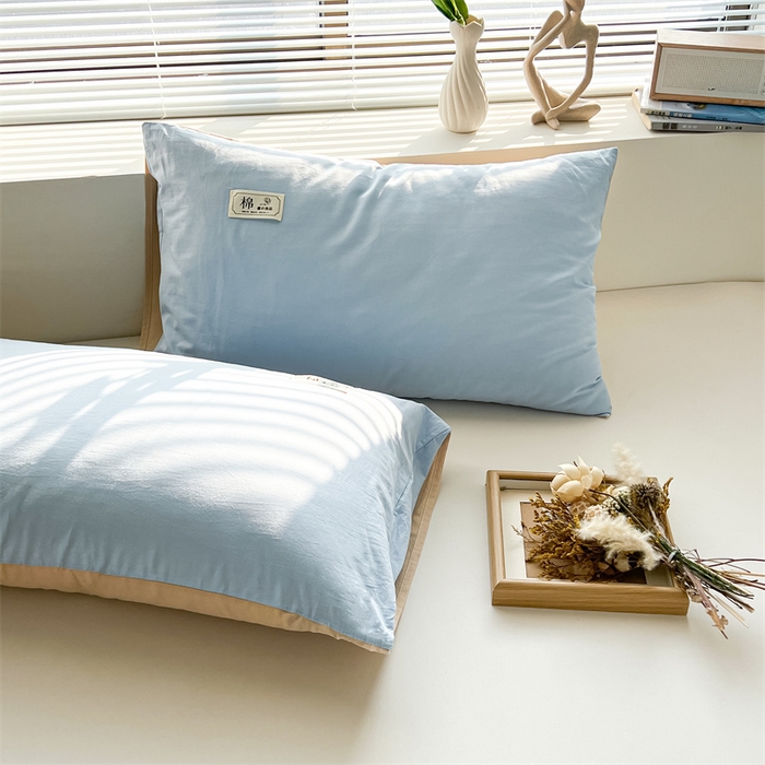 91家纺网 家纺一手货源 找家纺 恋人优选2025新款纯棉色织水洗贴标枕套 浅蓝-米