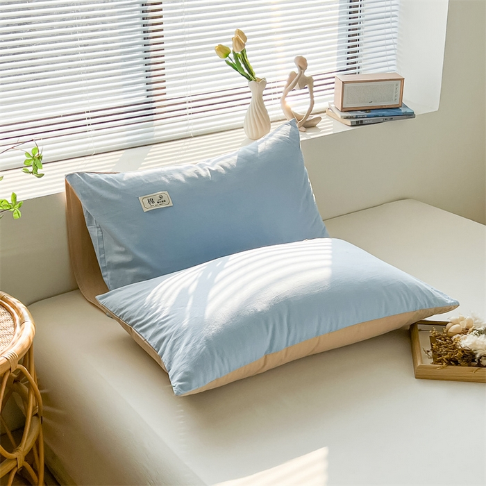 91家纺网 家纺一手货源 找家纺 恋人优选2025新款纯棉色织水洗贴标枕套 浅蓝-米