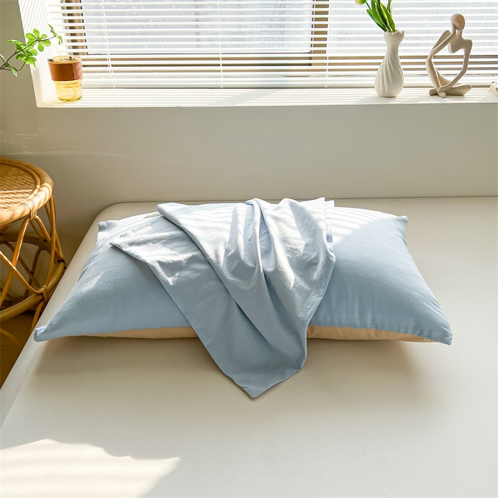 91家纺网 家纺一手货源 找家纺 恋人优选2025新款纯棉色织水洗贴标枕套 浅蓝-米