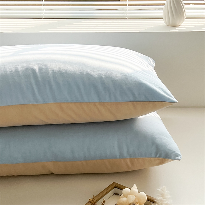 91家纺网 家纺一手货源 找家纺 恋人优选2025新款纯棉色织水洗贴标枕套 浅蓝-米