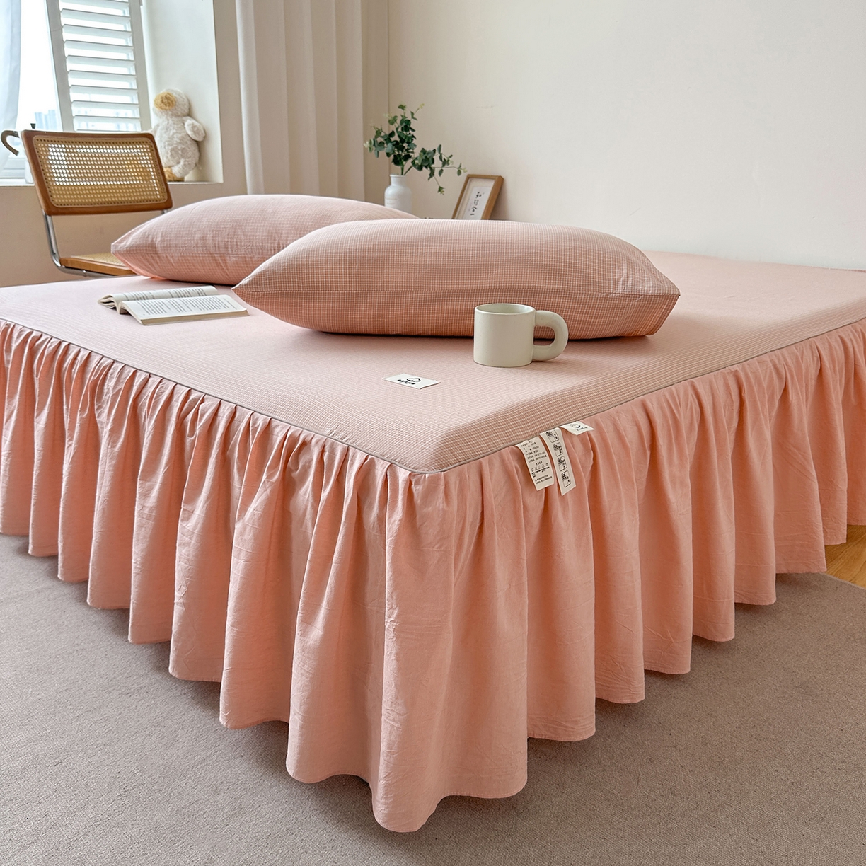 91家纺网 家纺一手货源 找家纺 笠裙家纺2025新款色织全棉床裙床罩 水洗棉 粉青年