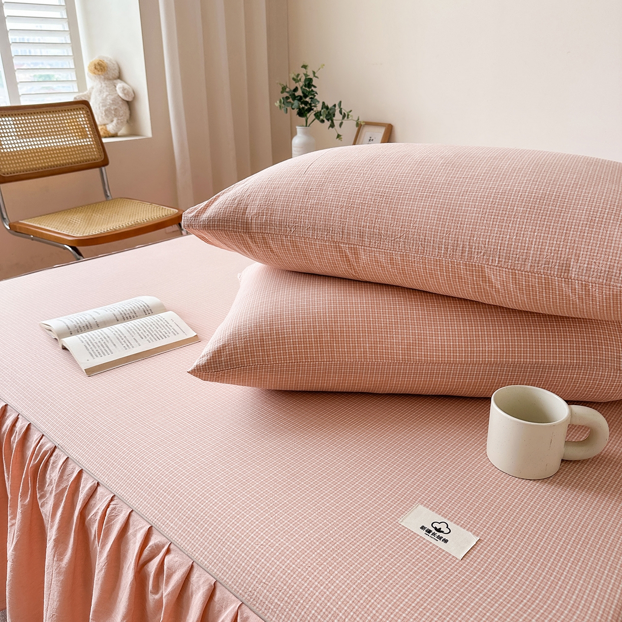 91家纺网 家纺一手货源 找家纺 笠裙家纺2025新款色织全棉床裙床罩 水洗棉 粉青年