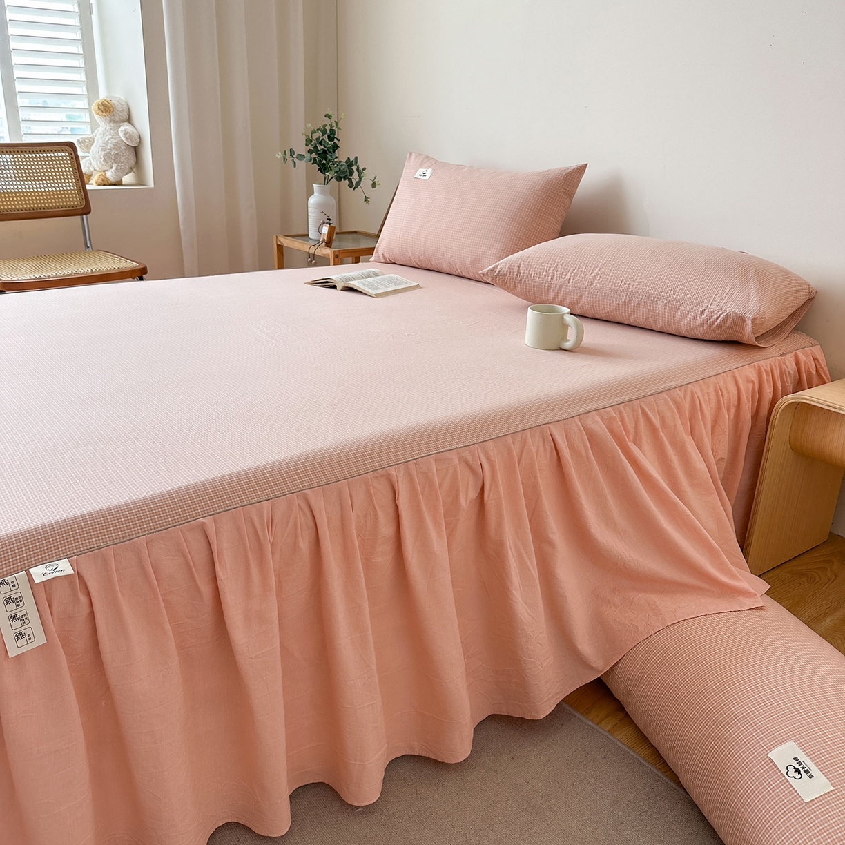 91家纺网 家纺一手货源 找家纺 笠裙家纺2025新款色织全棉床裙床罩 水洗棉 粉青年