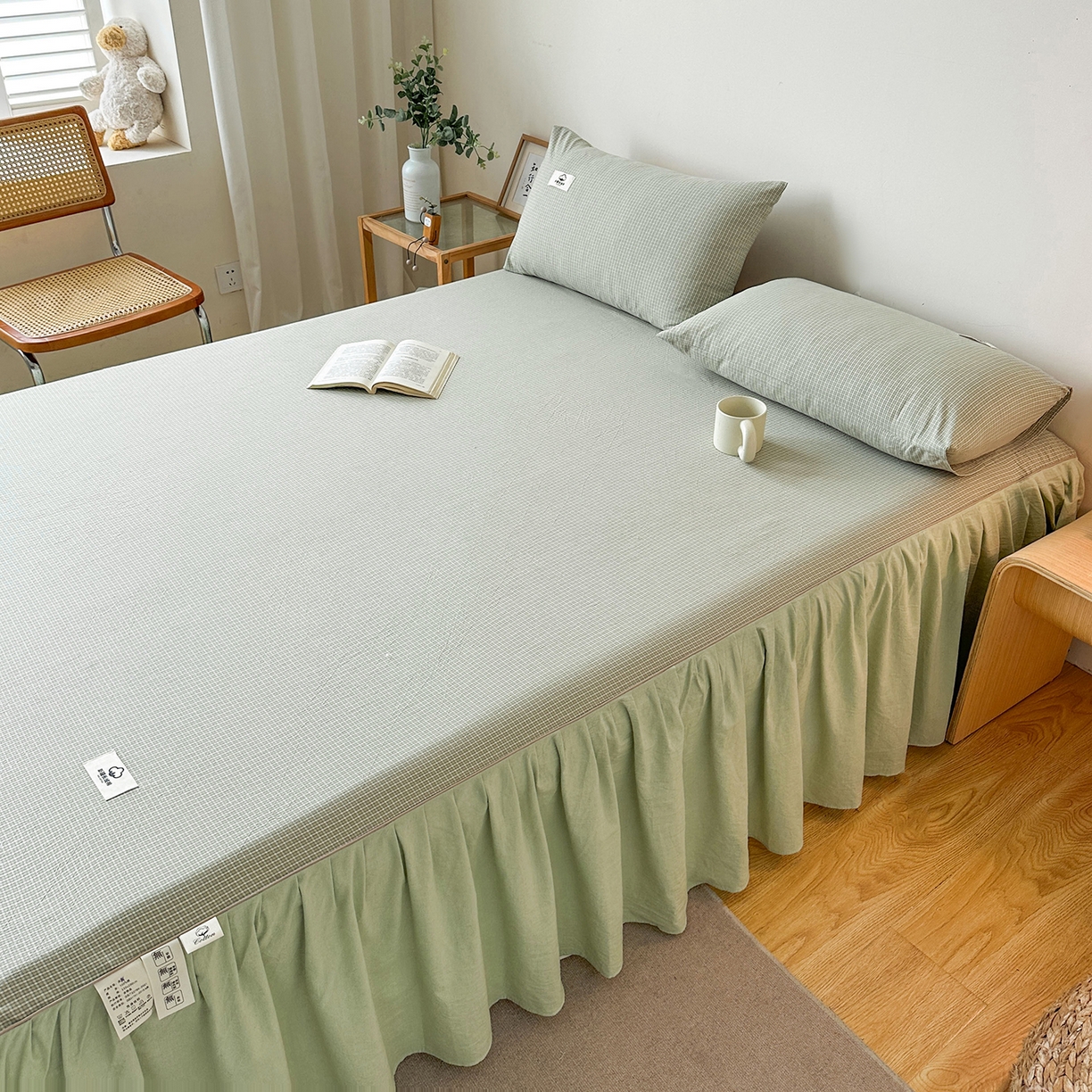 91家纺网 家纺一手货源 找家纺 笠裙家纺2025新款色织全棉床裙床罩 水洗棉 夏末绿