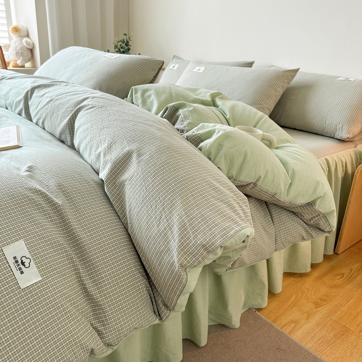 91家纺网 家纺一手货源 找家纺 笠裙家纺2025新款色织全棉床裙床罩 水洗棉 夏末绿