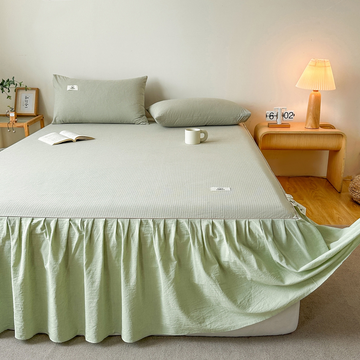 91家纺网 家纺一手货源 找家纺 笠裙家纺2025新款色织全棉床裙床罩 水洗棉 夏末绿