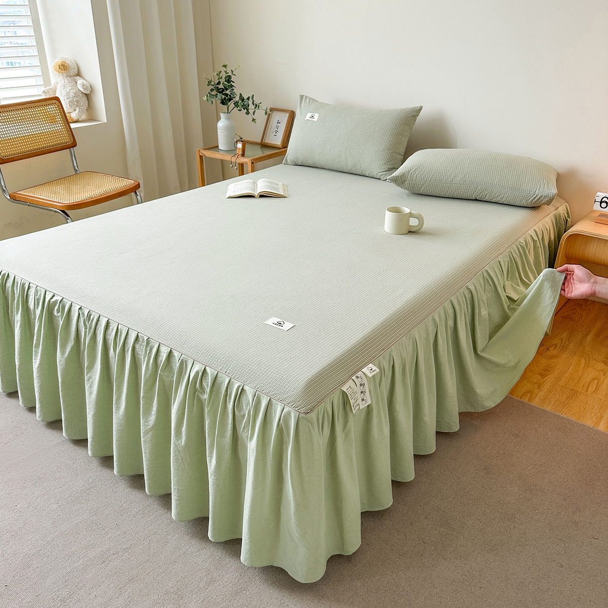 91家纺网 家纺一手货源 找家纺 笠裙家纺2025新款色织全棉床裙床罩 水洗棉 夏末绿