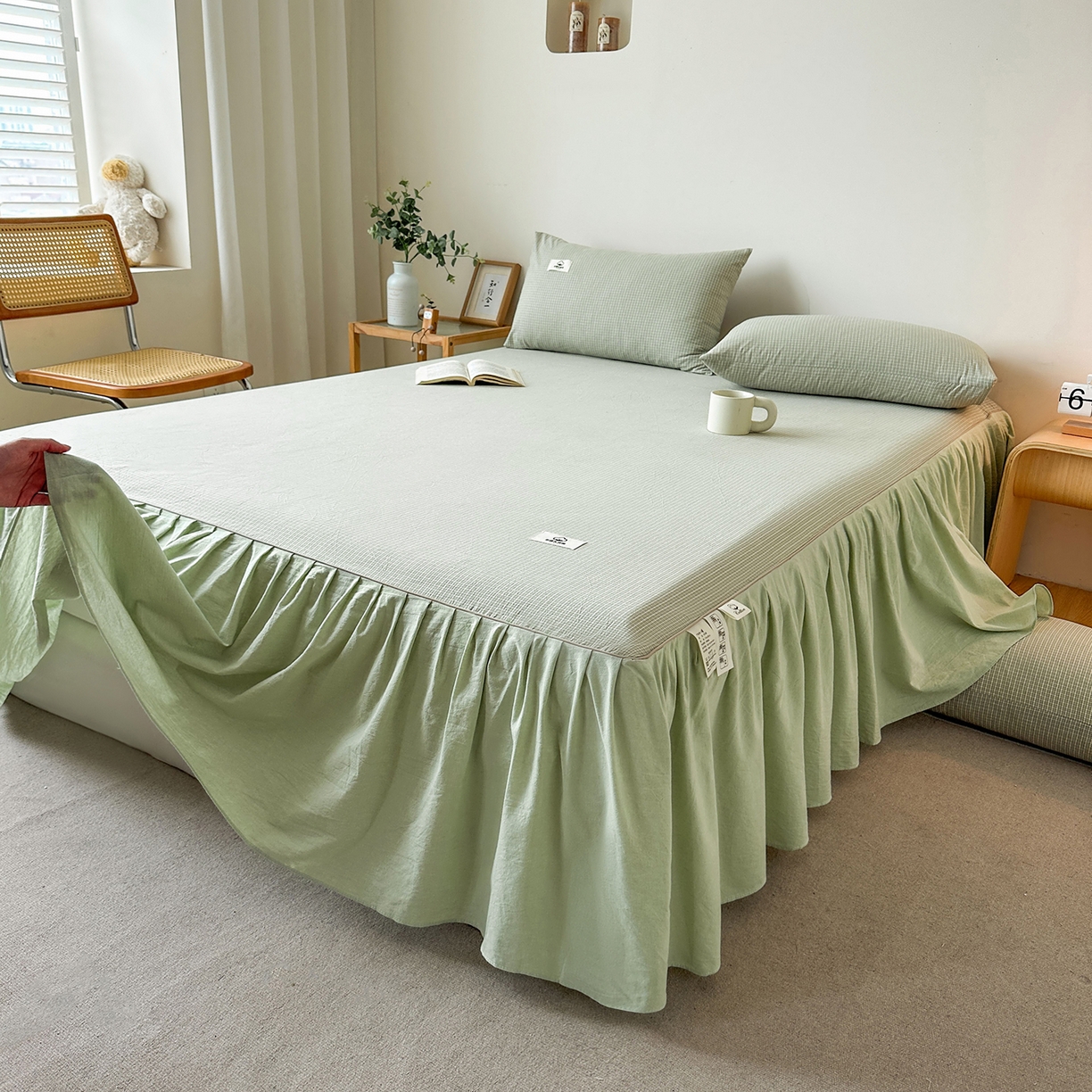 91家纺网 家纺一手货源 找家纺 笠裙家纺2025新款色织全棉床裙床罩 水洗棉 夏末绿