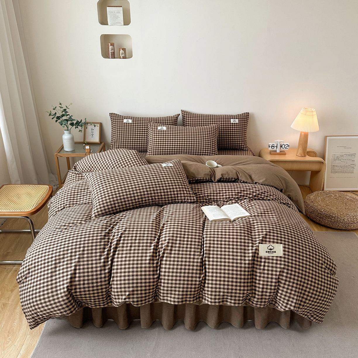 91家纺网 家纺一手货源 找家纺 笠裙家纺2025新款色织全棉床裙床罩 水洗棉 芸素咖