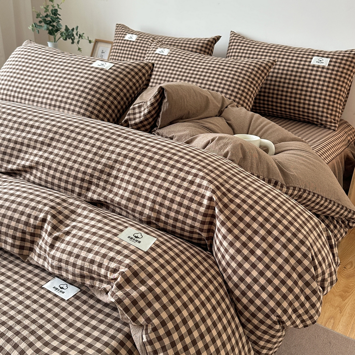 91家纺网 家纺一手货源 找家纺 笠裙家纺2025新款色织全棉床裙床罩 水洗棉 芸素咖