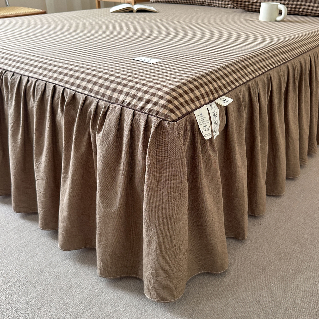 91家纺网 家纺一手货源 找家纺 笠裙家纺2025新款色织全棉床裙床罩 水洗棉 芸素咖