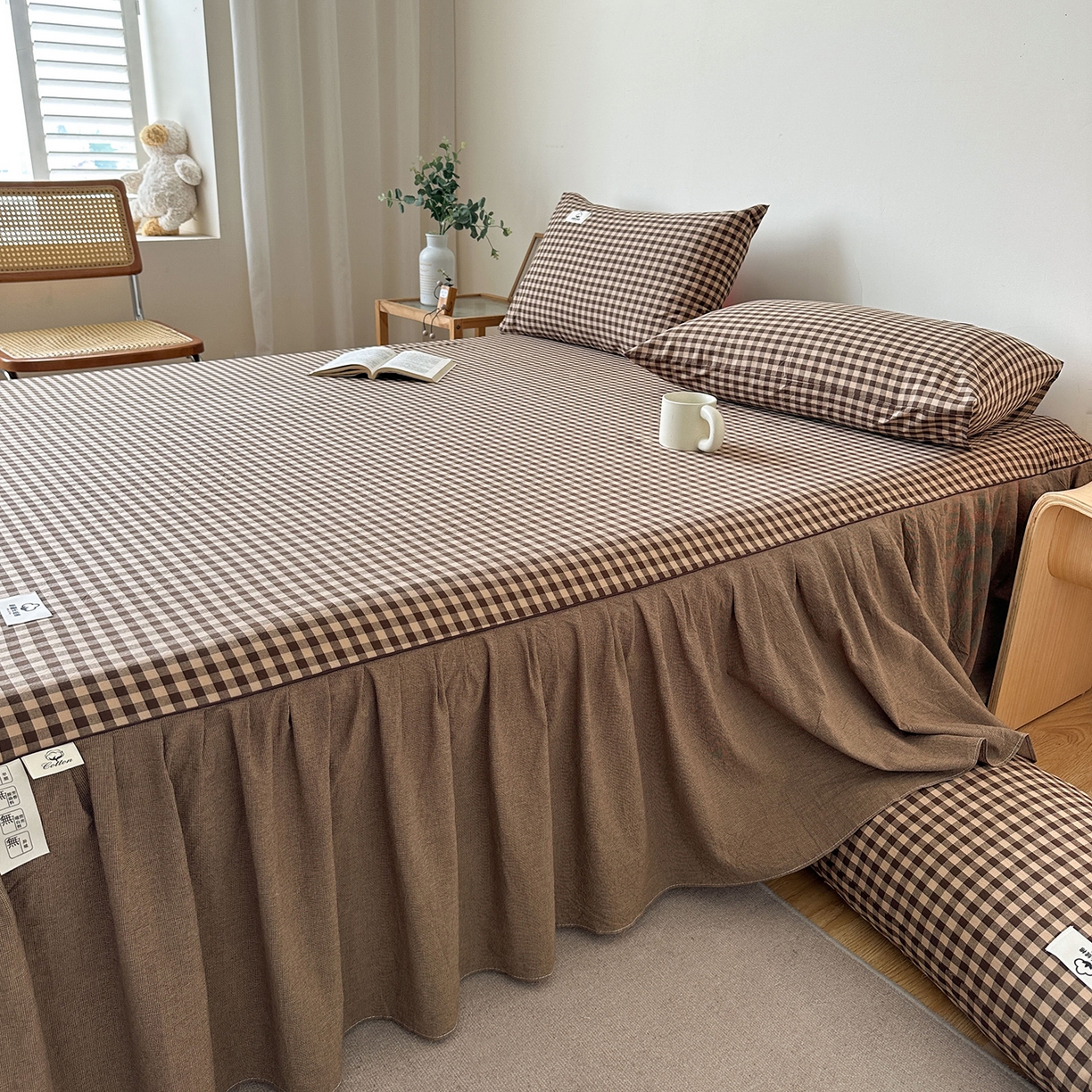 91家纺网 家纺一手货源 找家纺 笠裙家纺2025新款色织全棉床裙床罩 水洗棉 芸素咖