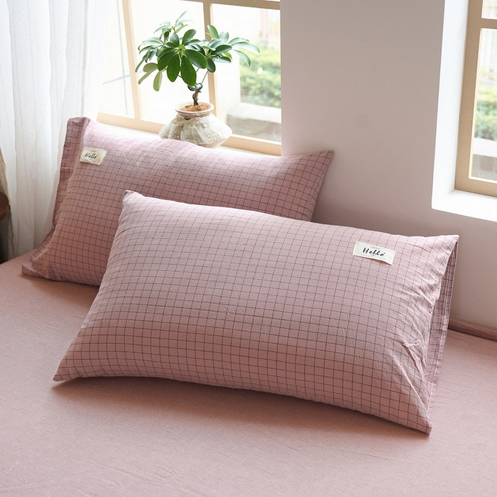 恋人优选2025新款纯棉色织水洗贴标枕套 小粉格