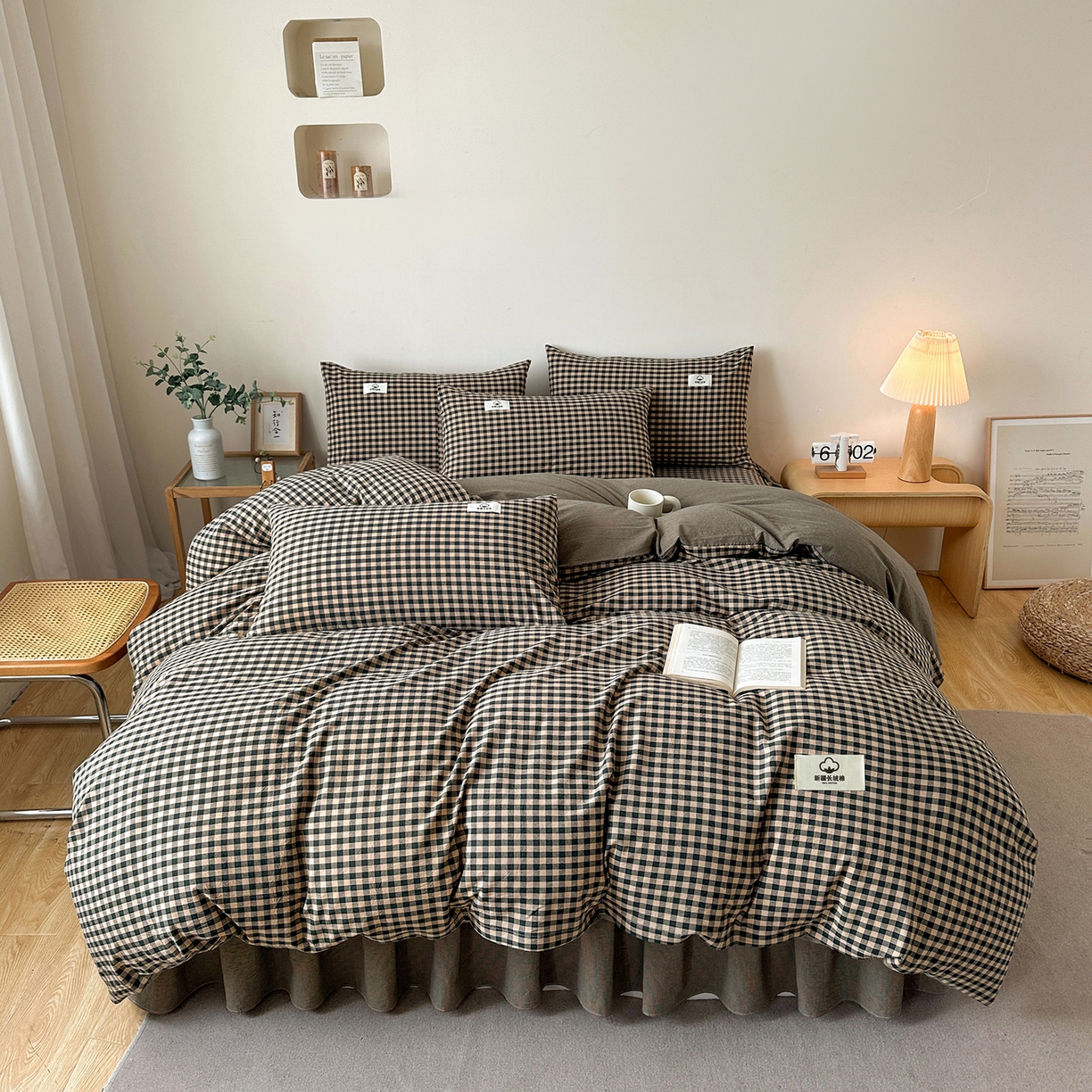 91家纺网 家纺一手货源 找家纺 笠裙家纺2025新款色织全棉床裙床罩 水洗棉 芸素绿