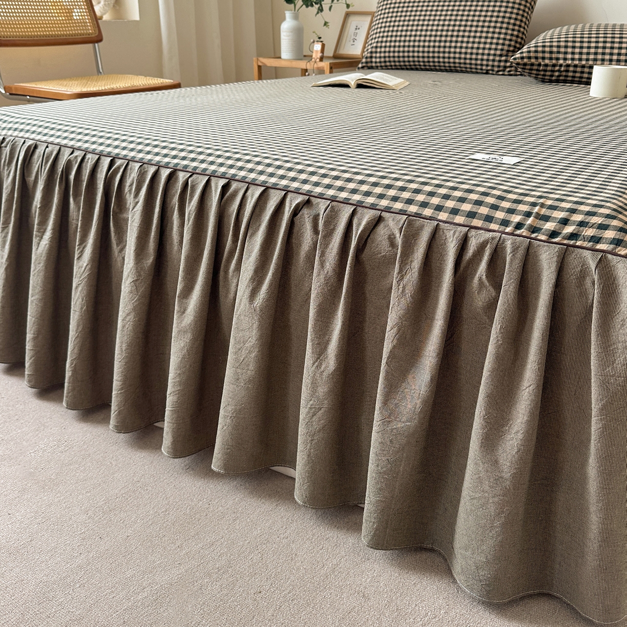 91家纺网 家纺一手货源 找家纺 笠裙家纺2025新款色织全棉床裙床罩 水洗棉 芸素绿