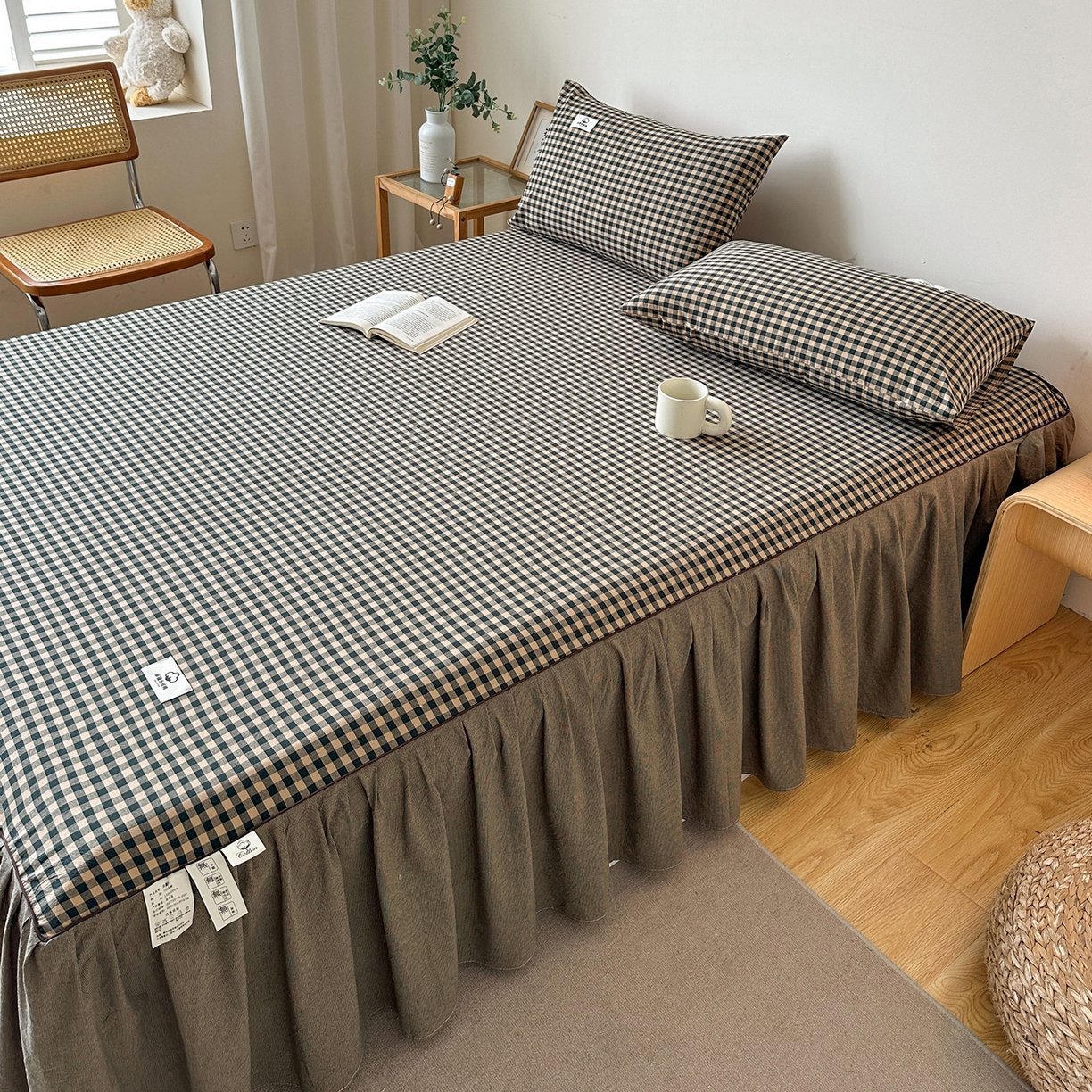 91家纺网 家纺一手货源 找家纺 笠裙家纺2025新款色织全棉床裙床罩 水洗棉 芸素绿