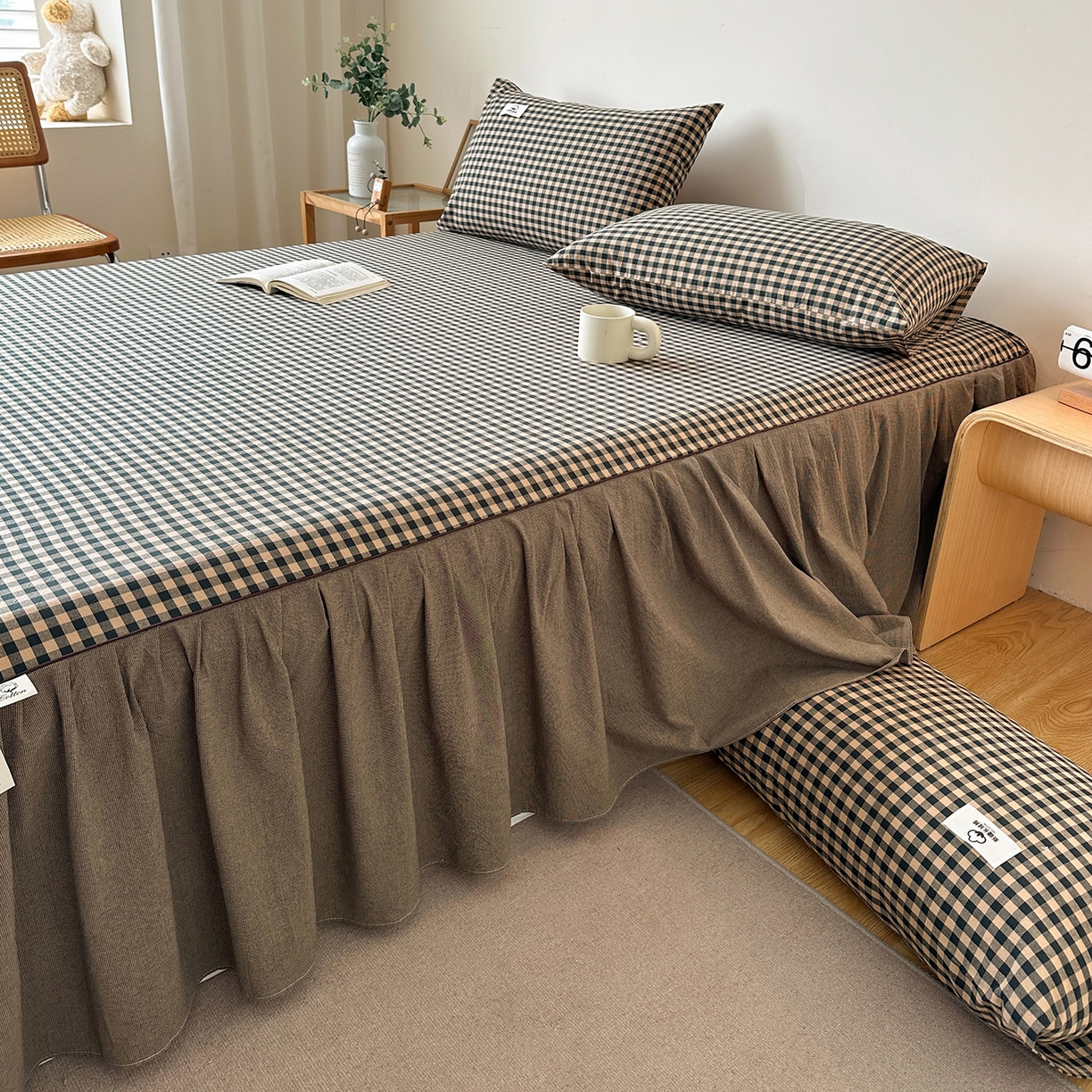 91家纺网 家纺一手货源 找家纺 笠裙家纺2025新款色织全棉床裙床罩 水洗棉 芸素绿