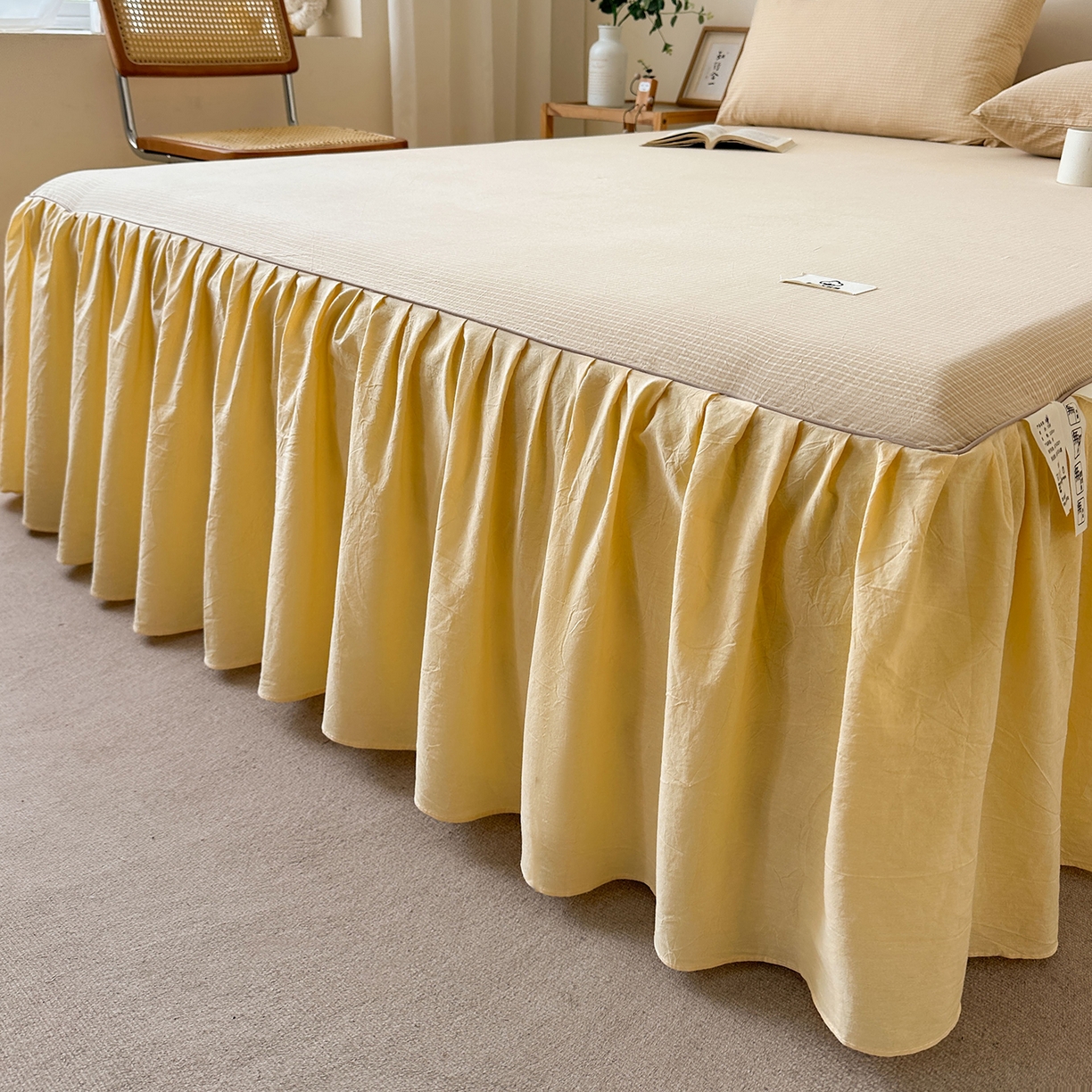 91家纺网 家纺一手货源 找家纺 笠裙家纺2025新款色织全棉床裙床罩 水洗棉 芝士黄