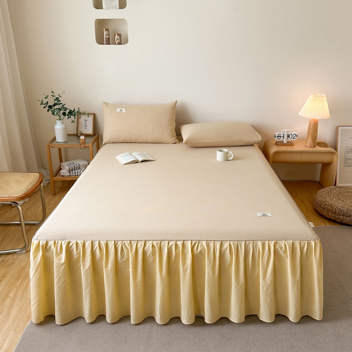 91家纺网 家纺一手货源 找家纺 笠裙家纺2025新款色织全棉床裙床罩 水洗棉 芝士黄