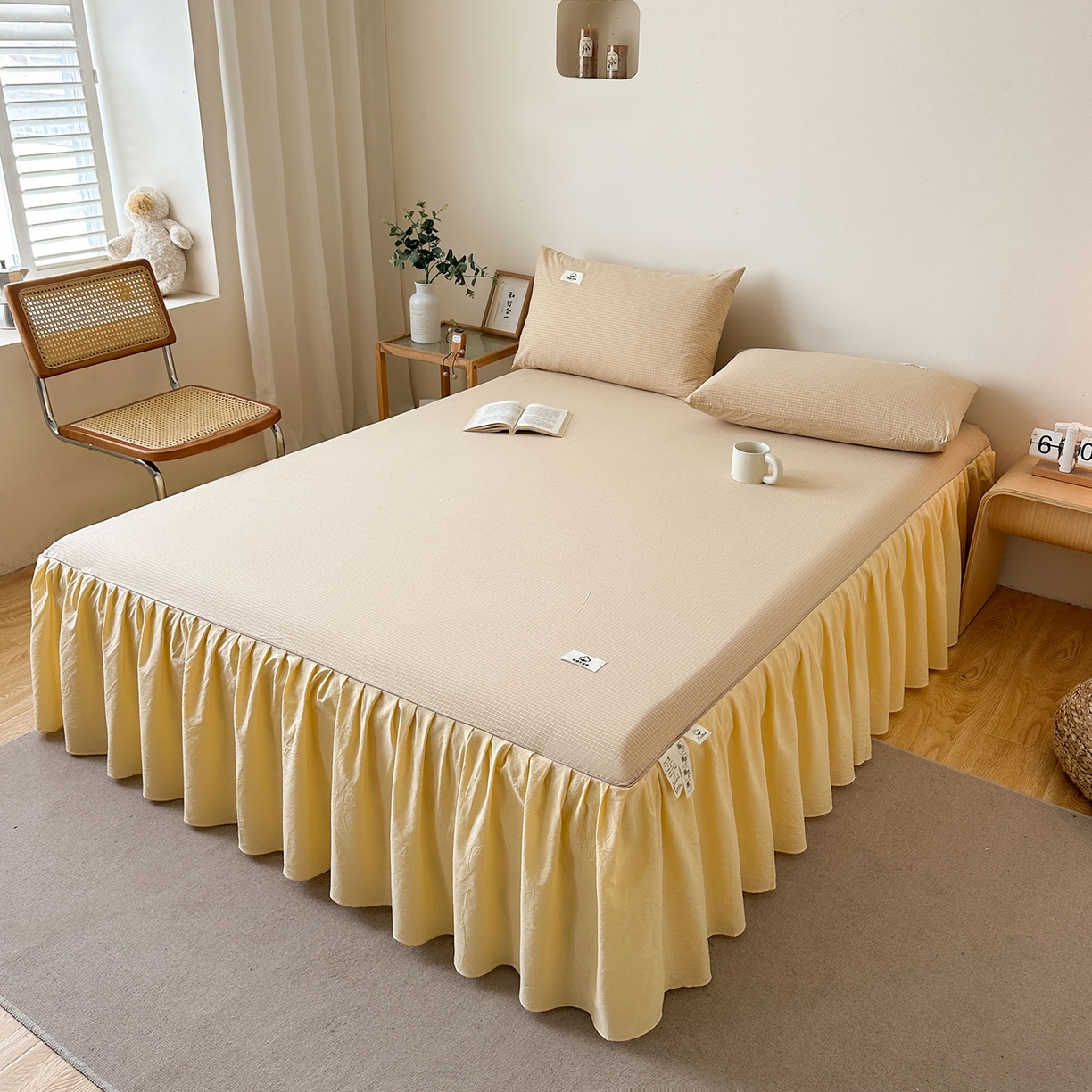 91家纺网 家纺一手货源 找家纺 笠裙家纺2025新款色织全棉床裙床罩 水洗棉 芝士黄