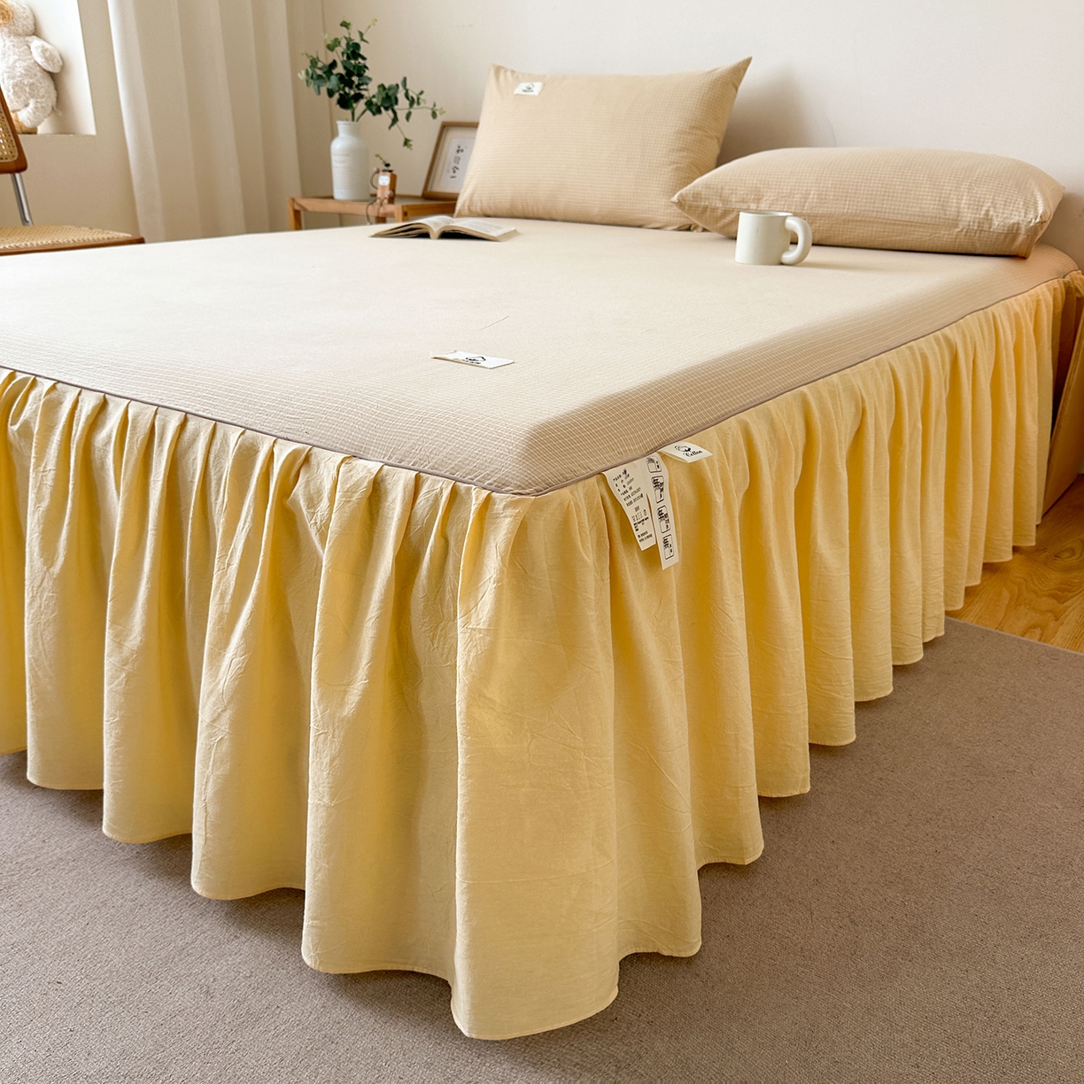 91家纺网 家纺一手货源 找家纺 笠裙家纺2025新款色织全棉床裙床罩 水洗棉 芝士黄