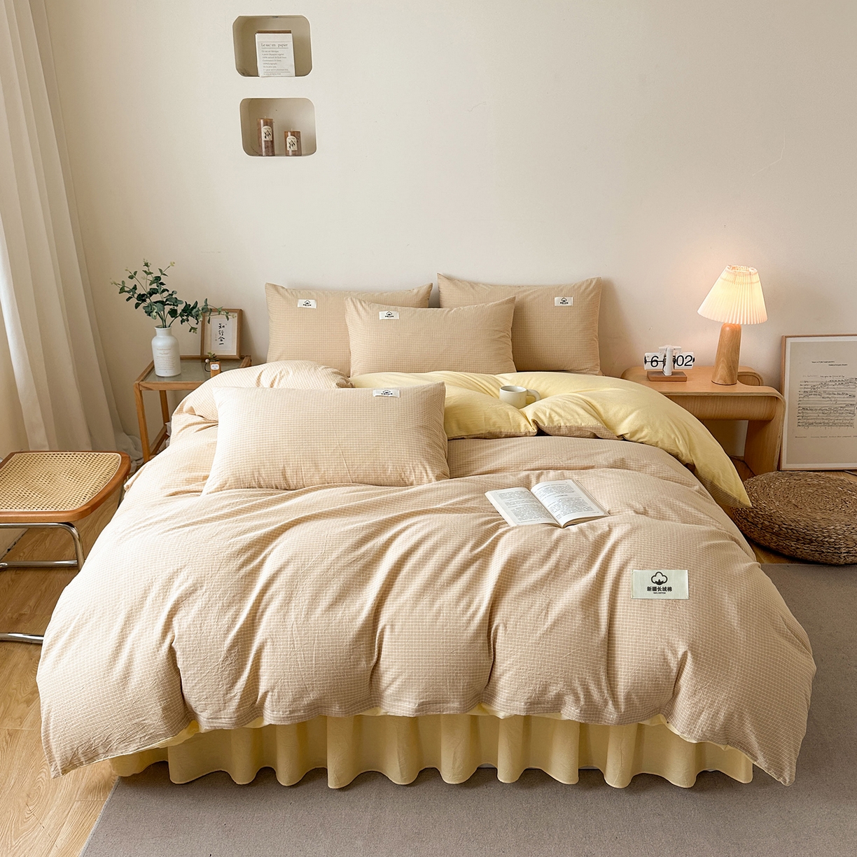 91家纺网 家纺一手货源 找家纺 笠裙家纺2025新款色织全棉床裙床罩 水洗棉 芝士黄