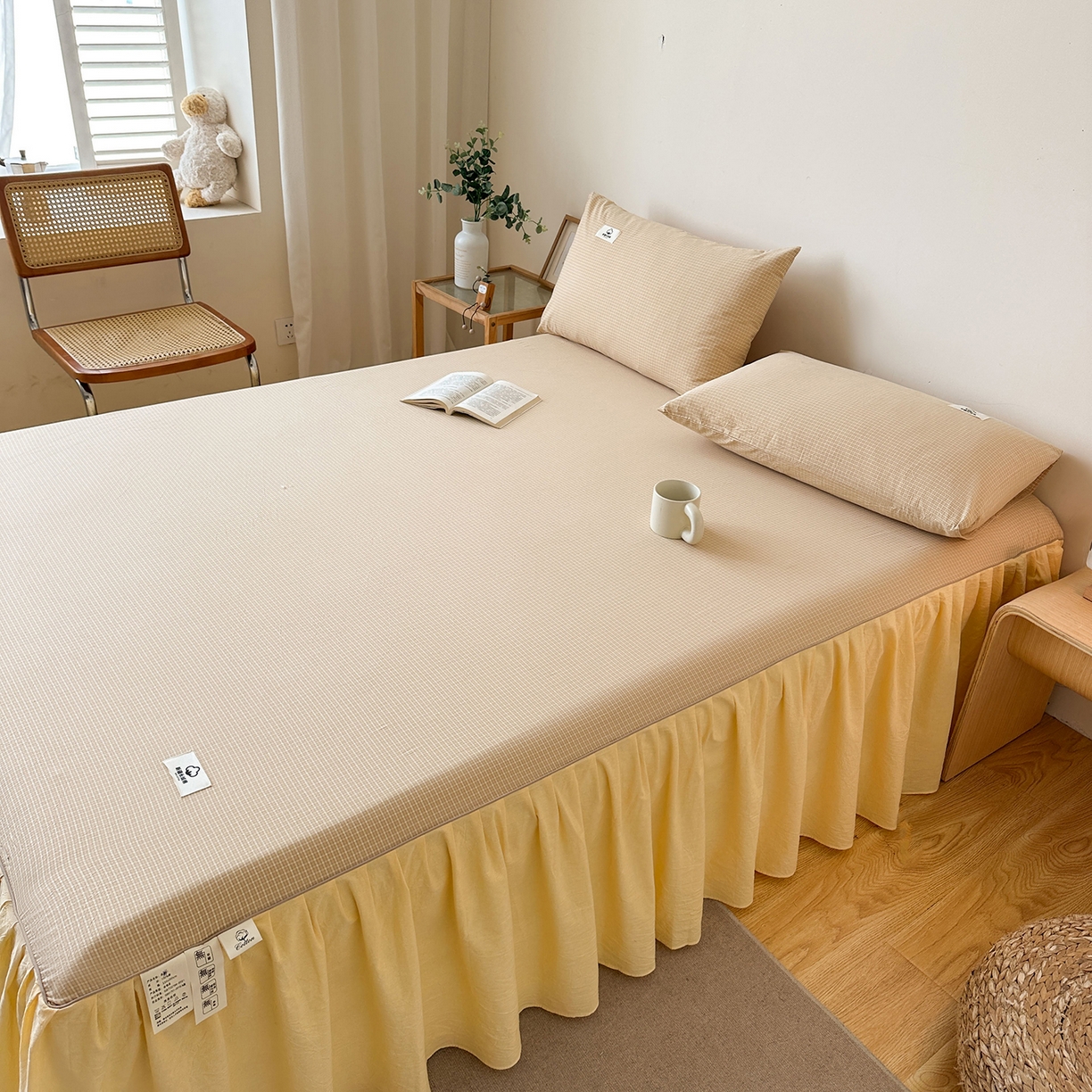 91家纺网 家纺一手货源 找家纺 笠裙家纺2025新款色织全棉床裙床罩 水洗棉 芝士黄