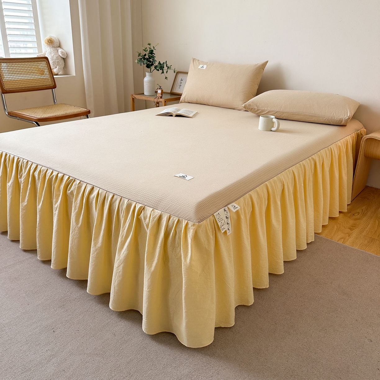 91家纺网 家纺一手货源 找家纺 笠裙家纺2025新款色织全棉床裙床罩 水洗棉 芝士黄