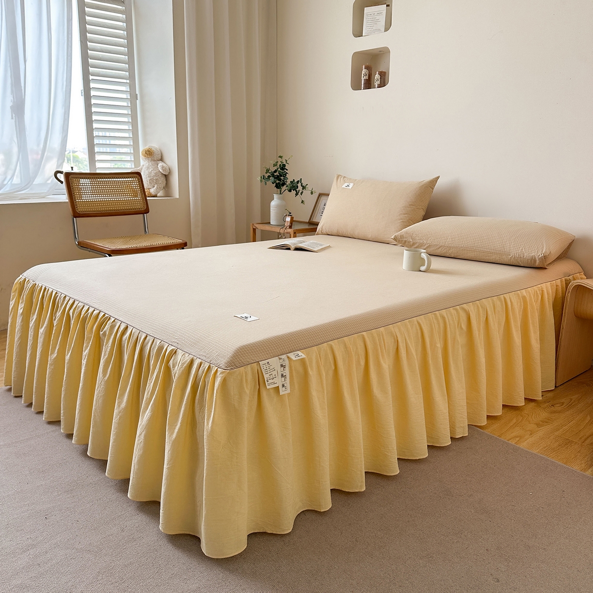 91家纺网 家纺一手货源 找家纺 笠裙家纺2025新款色织全棉床裙床罩 水洗棉 芝士黄