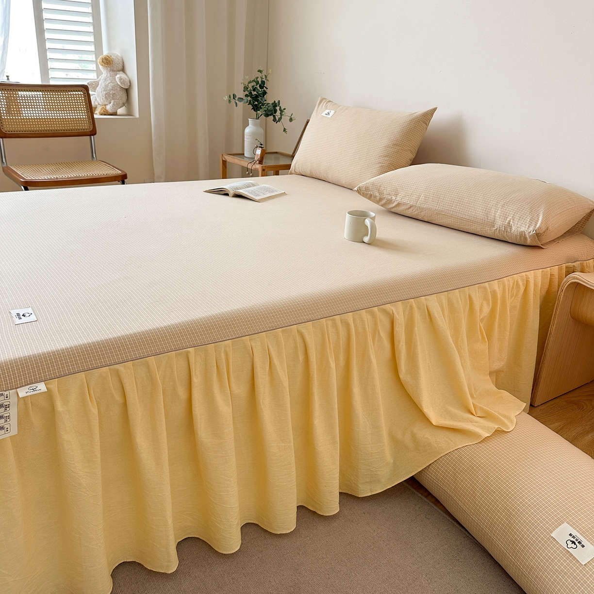 91家纺网 家纺一手货源 找家纺 笠裙家纺2025新款色织全棉床裙床罩 水洗棉 芝士黄