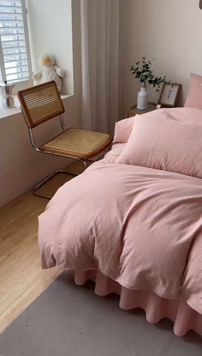 91家纺网 家纺一手货源 找家纺 笠裙家纺2025新款色织全棉床裙床罩 水洗棉 粉青年