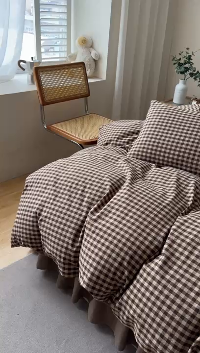 91家纺网 家纺一手货源 找家纺 笠裙家纺2025新款色织全棉床裙床罩 水洗棉 芸素咖