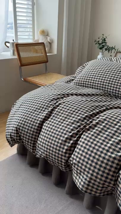 91家纺网 家纺一手货源 找家纺 笠裙家纺2025新款色织全棉床裙床罩 水洗棉 芸素绿