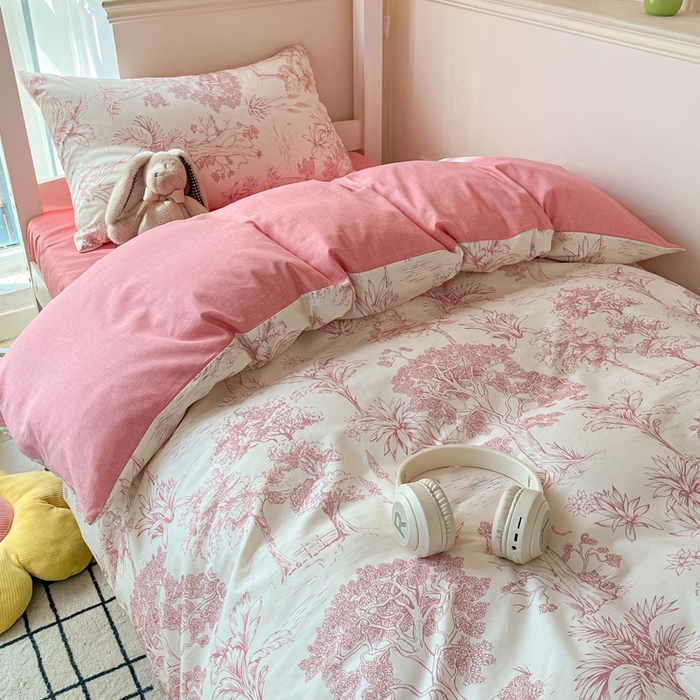 91家纺网 家纺一手货源 找家纺 雅居纺家纺 2025新款全棉纯棉印花系列学生宿舍三四件套上下铺三件套 粉色花园