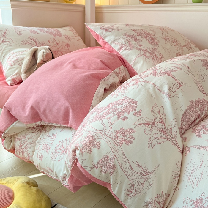 91家纺网 家纺一手货源 找家纺 雅居纺家纺 2025新款全棉纯棉印花系列学生宿舍三四件套上下铺三件套 粉色花园