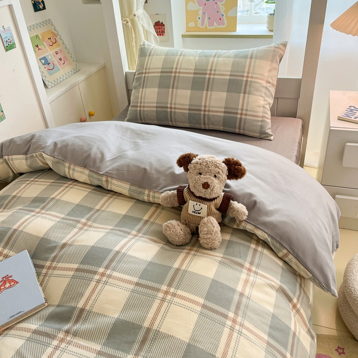 91家纺网 家纺一手货源 找家纺 雅居纺家纺 2025新款全棉纯棉印花系列学生宿舍三四件套上下铺三件套 复古蓝灰格