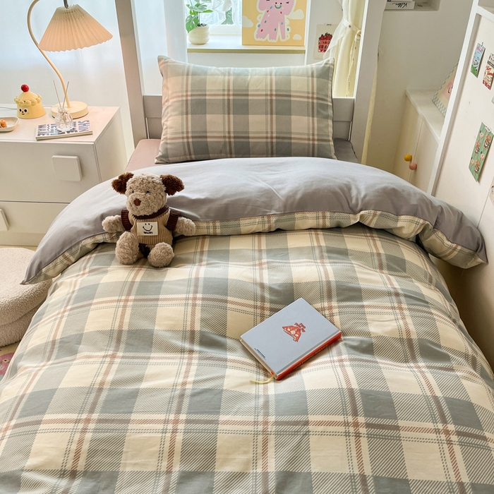 91家纺网 家纺一手货源 找家纺 雅居纺家纺 2025新款全棉纯棉印花系列学生宿舍三四件套上下铺三件套 复古蓝灰格