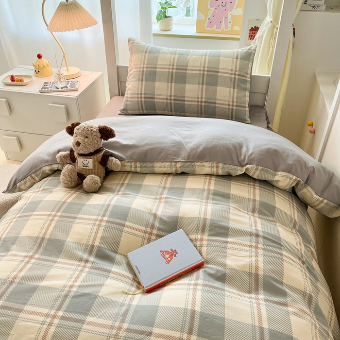 91家纺网 家纺一手货源 找家纺 雅居纺家纺 2025新款全棉纯棉印花系列学生宿舍三四件套上下铺三件套 复古蓝灰格