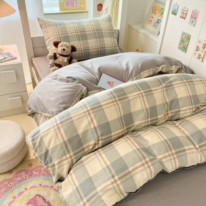 91家纺网 家纺一手货源 找家纺 雅居纺家纺 2025新款全棉纯棉印花系列学生宿舍三四件套上下铺三件套 复古蓝灰格