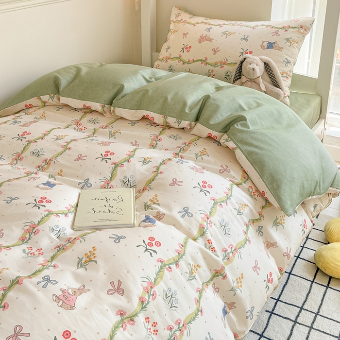 91家纺网 家纺一手货源 找家纺 雅居纺家纺 2025新款全棉纯棉印花系列学生宿舍三四件套上下铺三件套 花园秘境