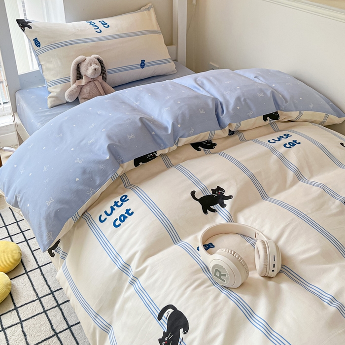 91家纺网 家纺一手货源 找家纺 雅居纺家纺 2025新款全棉纯棉印花系列学生宿舍三四件套上下铺三件套 可爱小猫